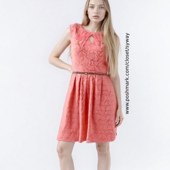 Ellen Tracy Dresses & Skirts - NWT Ellen Tracy Pink Coral Dress with Gold Shimmer Jacquard Design Fit and Flare
